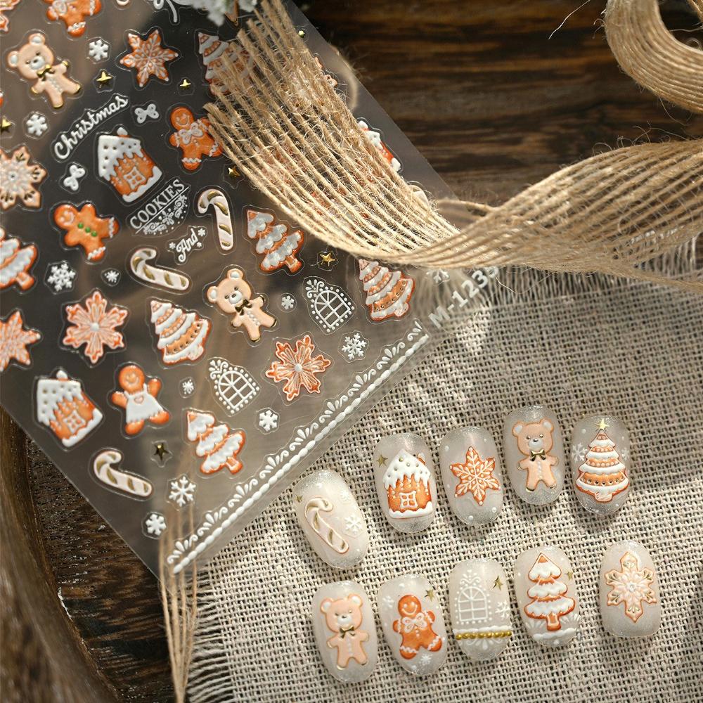 Christmas Cookies Snowflake Christmas Tree Gingerbread House Gold Stamped 3D Self Adhesive Nail Art Sticker Xmas Manicure Decals
