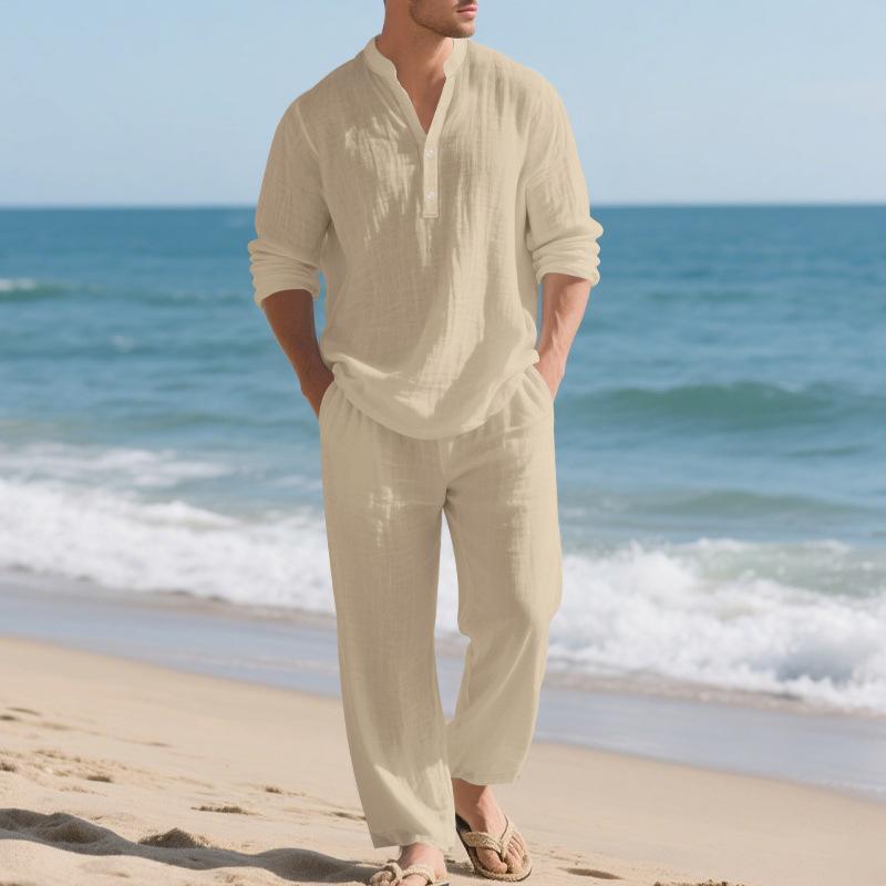 Men Loose Casual Breathable V Neck Long Sleeve Henley Shirt And Long Pants Set
