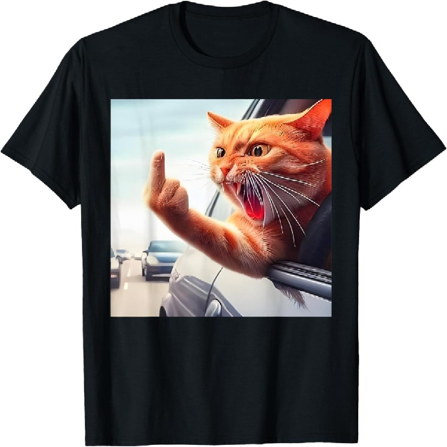 Funny Cat Middle Finger Hilarious Cat In The Car Cat Lover T-Shirt S