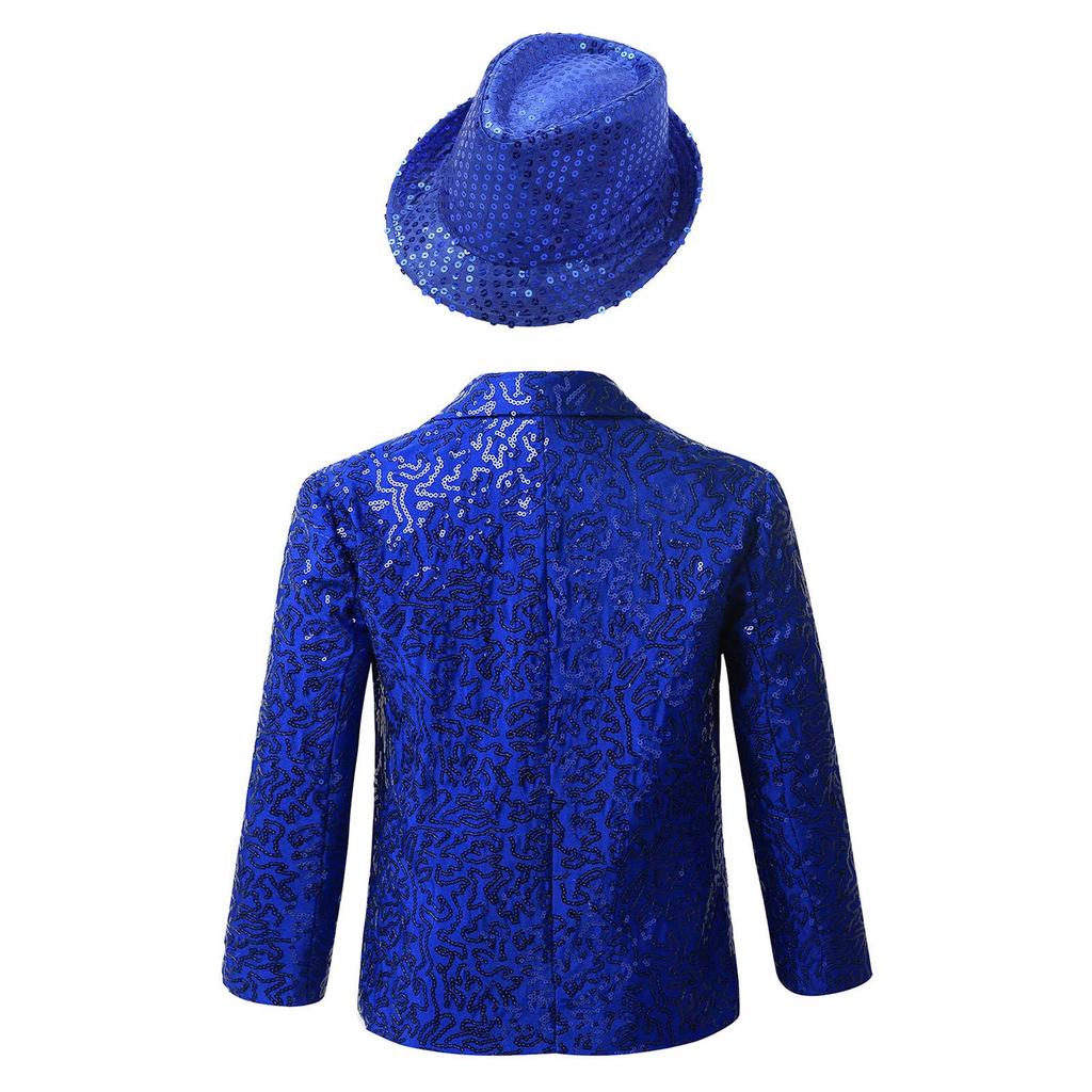 Boys Shiny Sequins Tuxedo Suit Long Sleeve Lapel Single Breasted Jacket Coat with Hat Dance Banquet Performance Costume