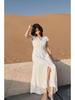 White Lace Mid-Length V-Neck Travel Dress - Korean Style 2025