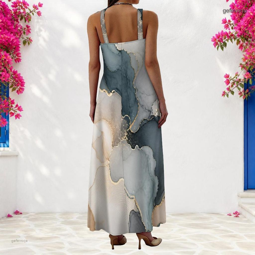 Women Plus Size Scoop Neck Strappy Sleeveless Abstract Print A Line Maxi Dress