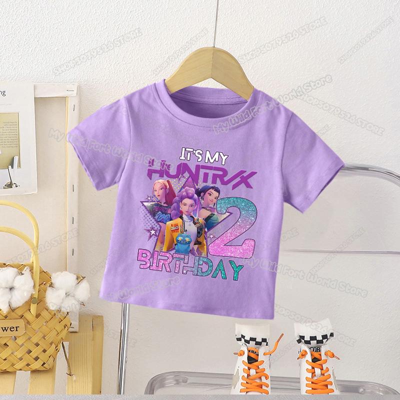 

KPop Demon Hunters Birthday Number T Shirt Kids Party Clothes Movie Girl Summer Short Sleeve Toddler Tops Baby Cotton Tee Shirt 130
