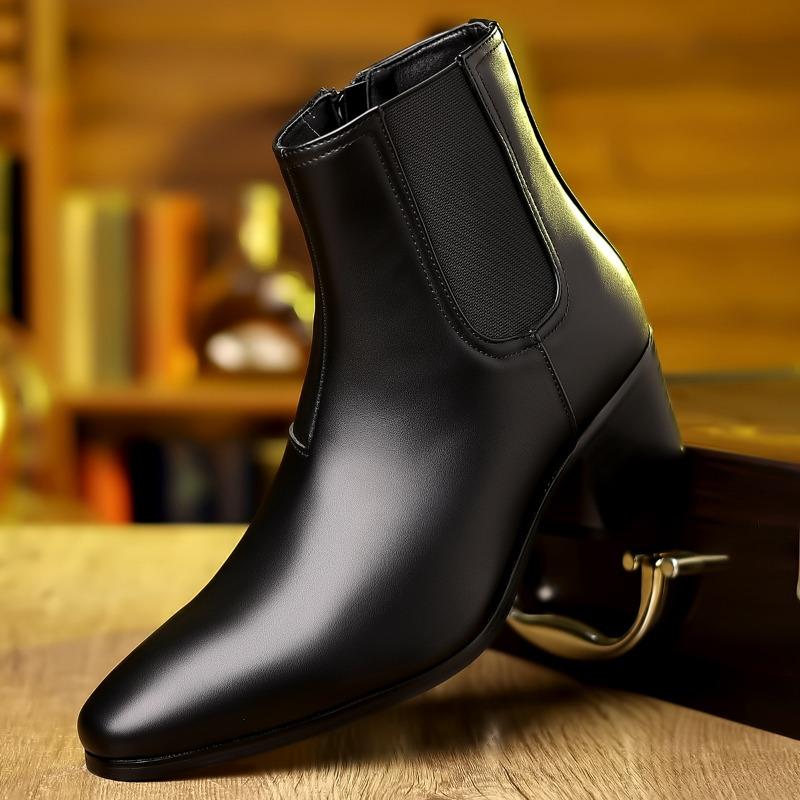 Men's Boots Pointed Toe Chelsea Boots British Style Zipper Ankle Boots Height Increasing Leather Shoes Plus Size High Heel Boot