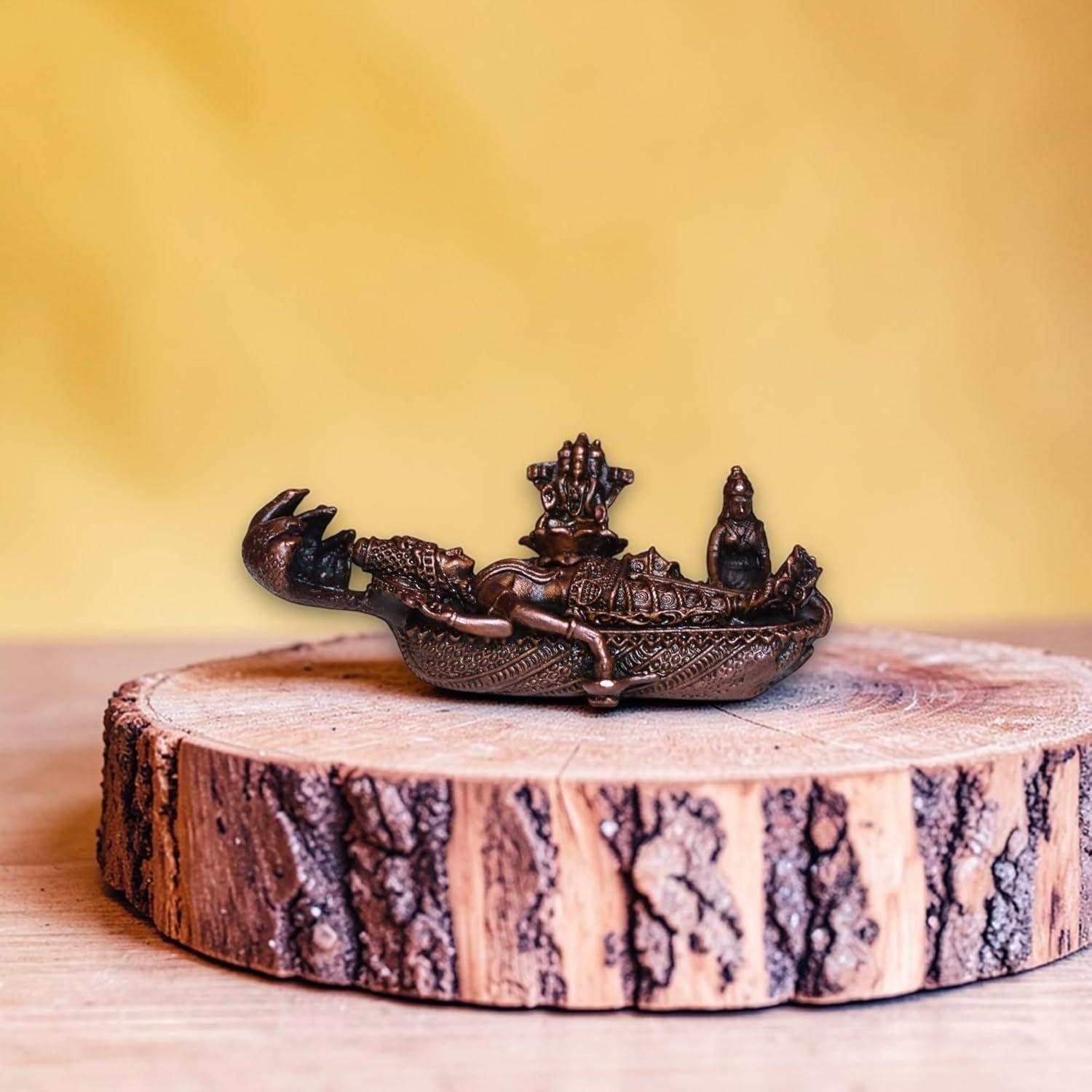 Copper Mini Vishnu Ananta Padmanabhan Swami Statue, Sleeping On Seshnag with Brahma Lakshmi & Shivling |