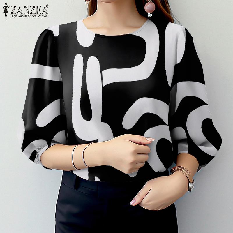 ZANZEA Women Casual O-neck 3/4 Sleeve Loose Print Blouse