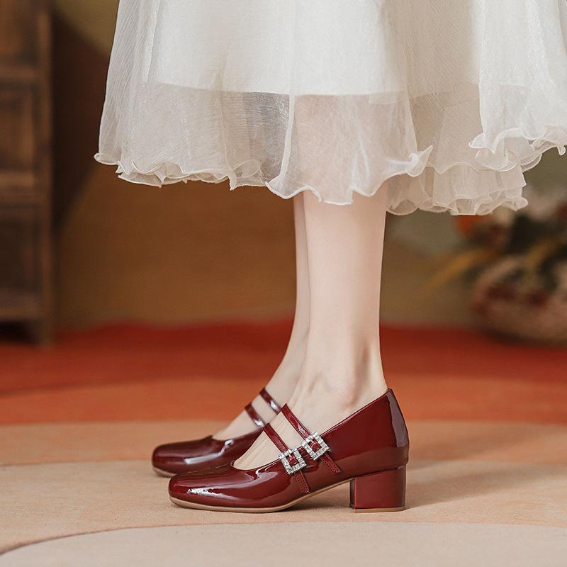 

Туфли Мэри Джейн женские новые толстый каблук внутренняя высота увеличение маленькая мягкая подошва толстый каблук одинарные туфли для работы высокие каблуки 39 бордовый