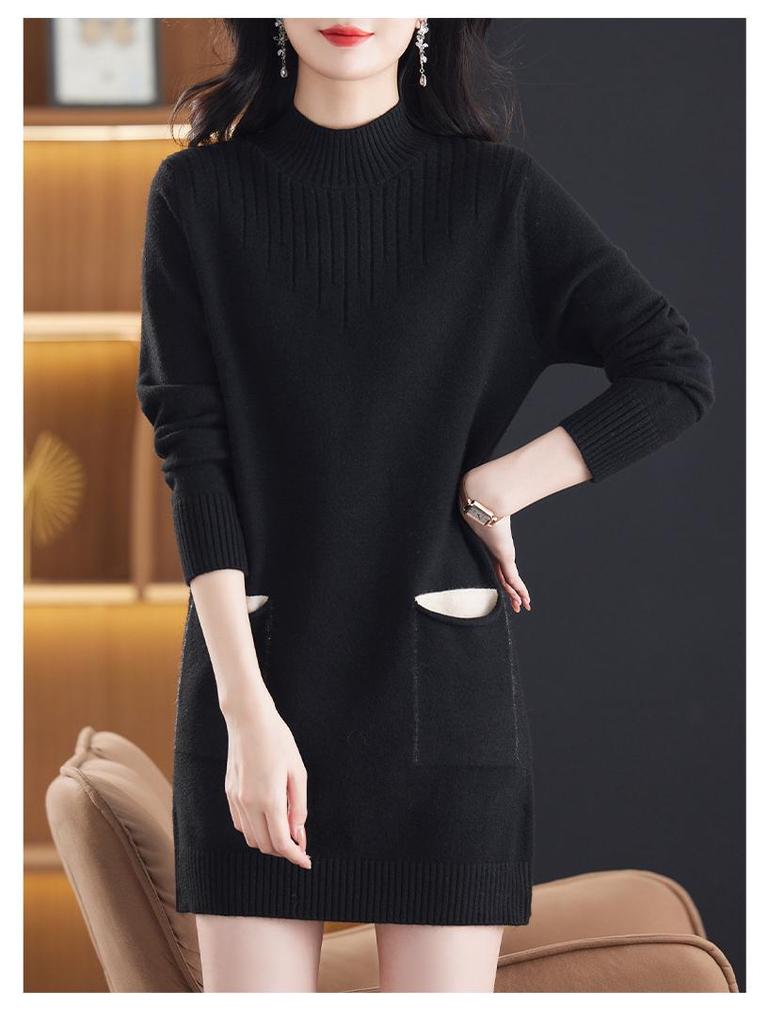 Women's Korean-Style Loose Knit Mid-Length Sweater with Pockets