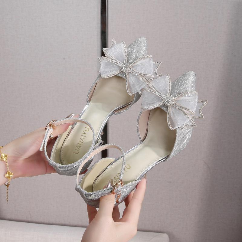 New pointed women's shoes high-heeled rhinestone butterfly waterproof table shiny wedding shoes are not tired
