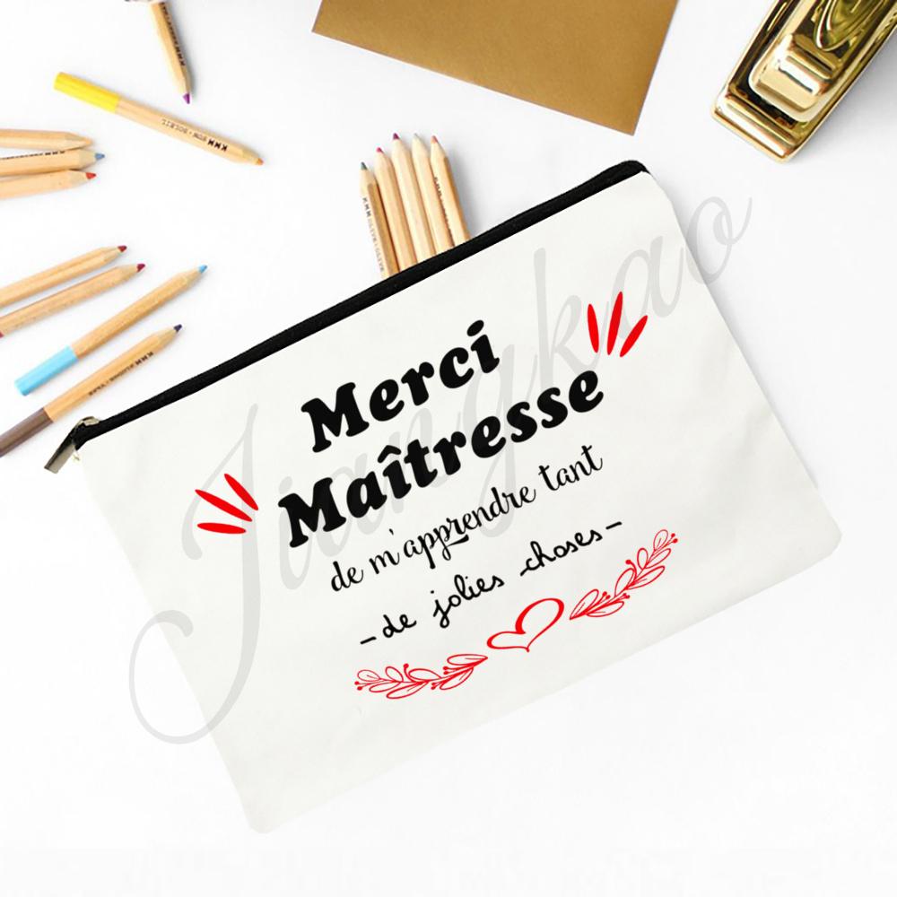 Merci Maitresse French Print Makeup Bag Travel Neceser Toiletry Storage Pouch School Pencil Bags Best Graduate Gift for Teacher