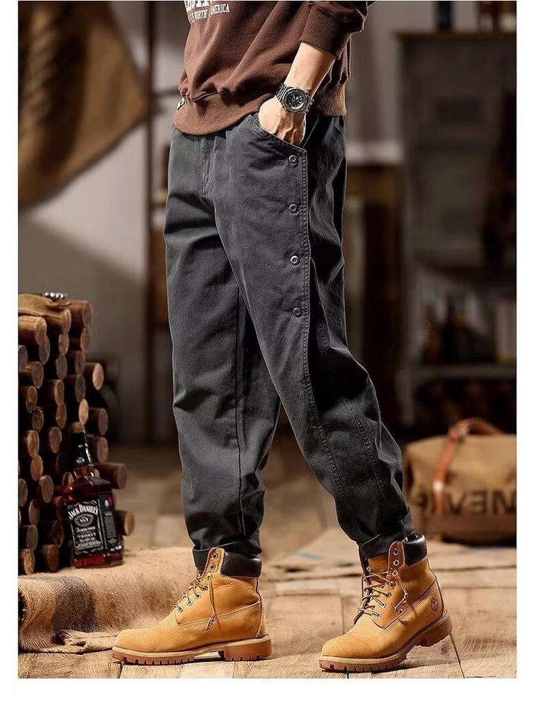 Men's American Retro Wide-Leg Overalls: Spring & Autumn Trendy Button-Down Casual Pants