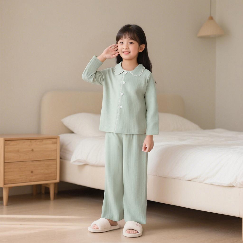 Spring And Autumn Children'S Pajamas Pure Cotton Girls' Lace Collar Sweet Wind Cardigan Long Sleeve Long Pants Student Loungewear Two-Piece Set