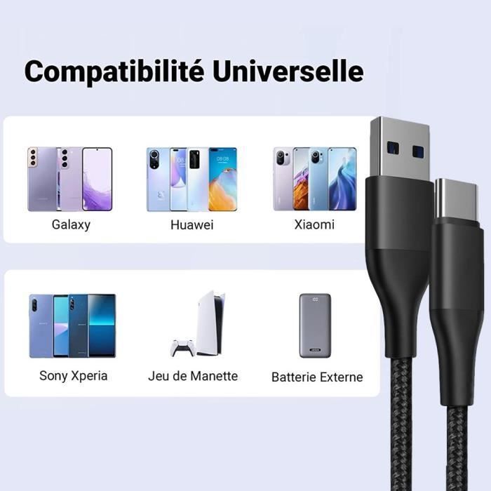 Lot-3 Câble USB-C 1M Charge Rapide 3A pour Samsung Galaxy A16 A15 A05s A25 A35 A55 A56 - Nylon Tressé Noir