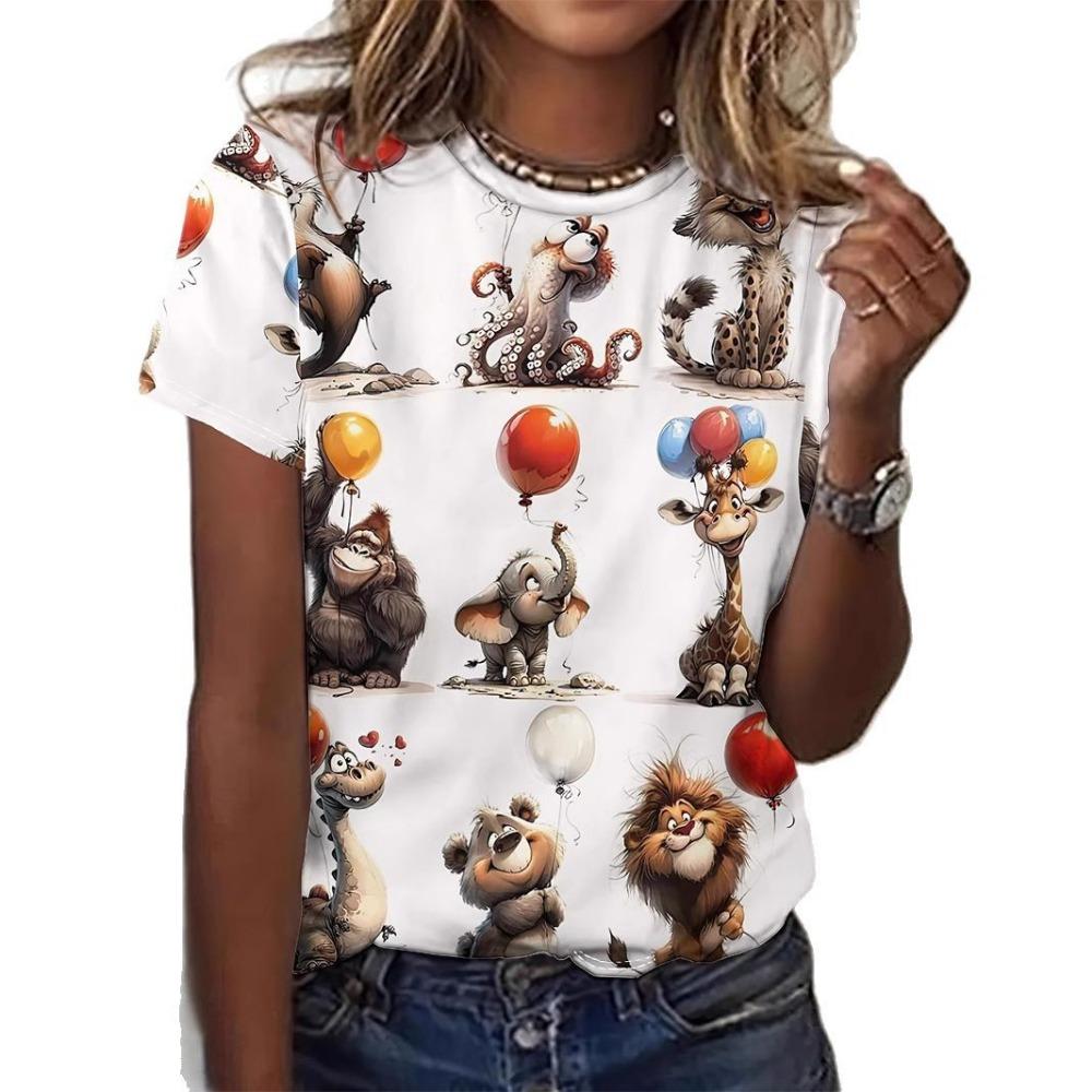 2026 Neues Cartoon-Tier Ganzmuster 3D Digitaldruck Damen-T-Shirt Harajuku Freizeit Kurzarm Rundhals Damen-Oberteil
