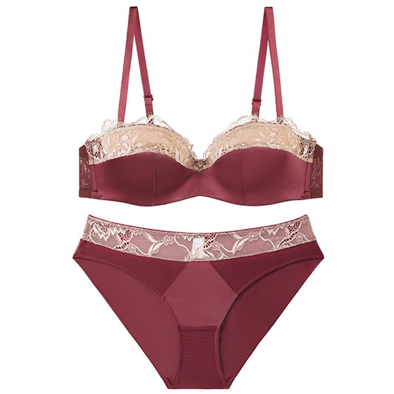

French underwear summer thin half cup smooth lace underwear small breasts show big gathering sexy underwear bra 85E бордовий