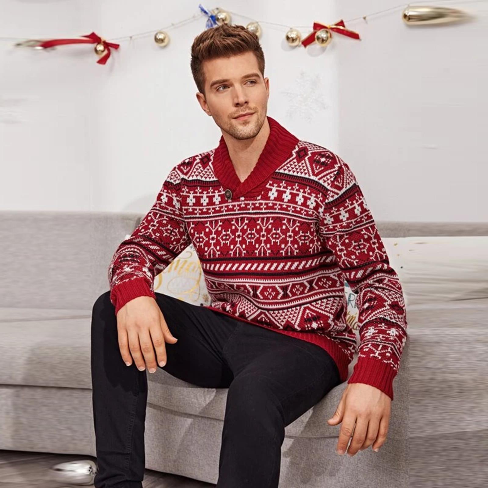 

Рождественский вязаный свитер с воротником из лося мужской XL красный