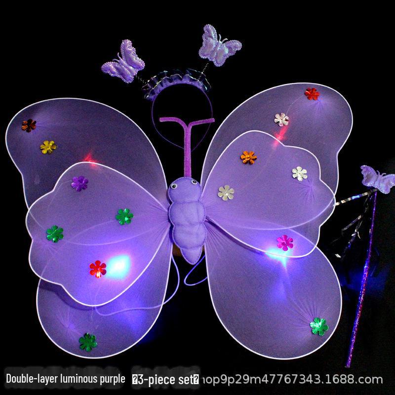 Children's Glow Angel Costume: Girl's Gauze Skirt with Flashing Wings and 20-Light Butterfly Design, 3-Piece Set.