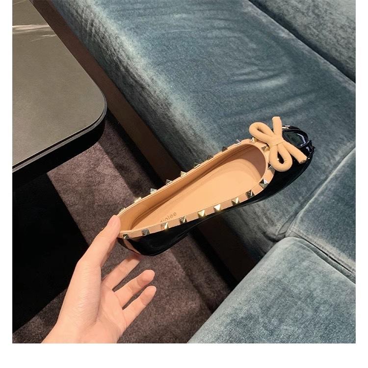 Sheepskin version bow rivet single shoes women's Mary Jane shoes women's round head shallow mouth ballet shoes flats