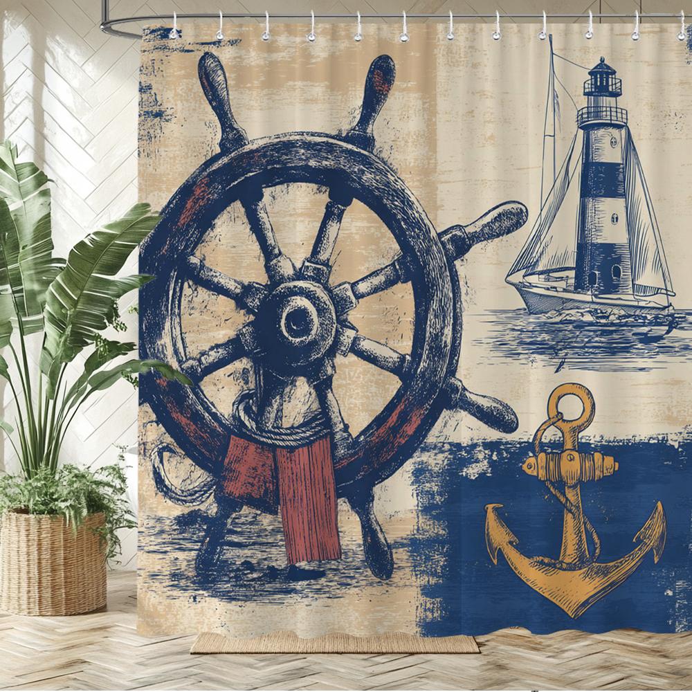 Retro Nautical Anchor Style Printed Fabric Shower Curtain, Ocean Navigation Style Bathroom Curtain Decoration, With Hooks