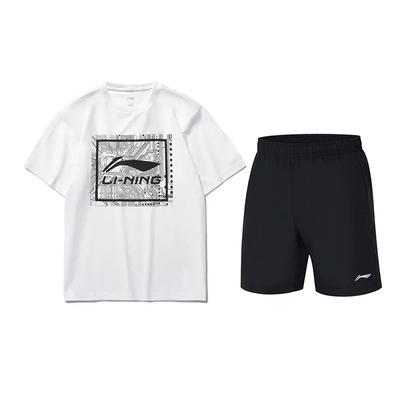 Li Ning Locker Vielseitiges Kurzarm Buchstaben Rundhals Oberteil Schlichte Mittelhohe Taille Fünf-Punkt-Shorts Lässiger Sportanzug Unisex Sets AHSUA15-1+YKST119-1