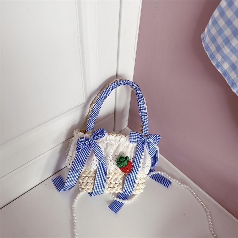 Stylish Floral Patterned Kids Handbag In Gender Neutral Strawberry And Cherry Themes Blue Strawberry