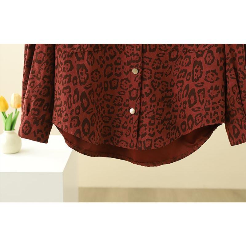 Women's New Spliced   POLO Collar Buttons Fashionable Versatile Slim Leopard Print Long Sleeve Shirt