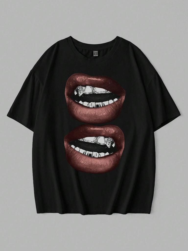 2025 Oversized Butterfly Pattern T-shirt  Women's Black Round Neck Short Sleeve Casual Loose Comfort T-Shirt