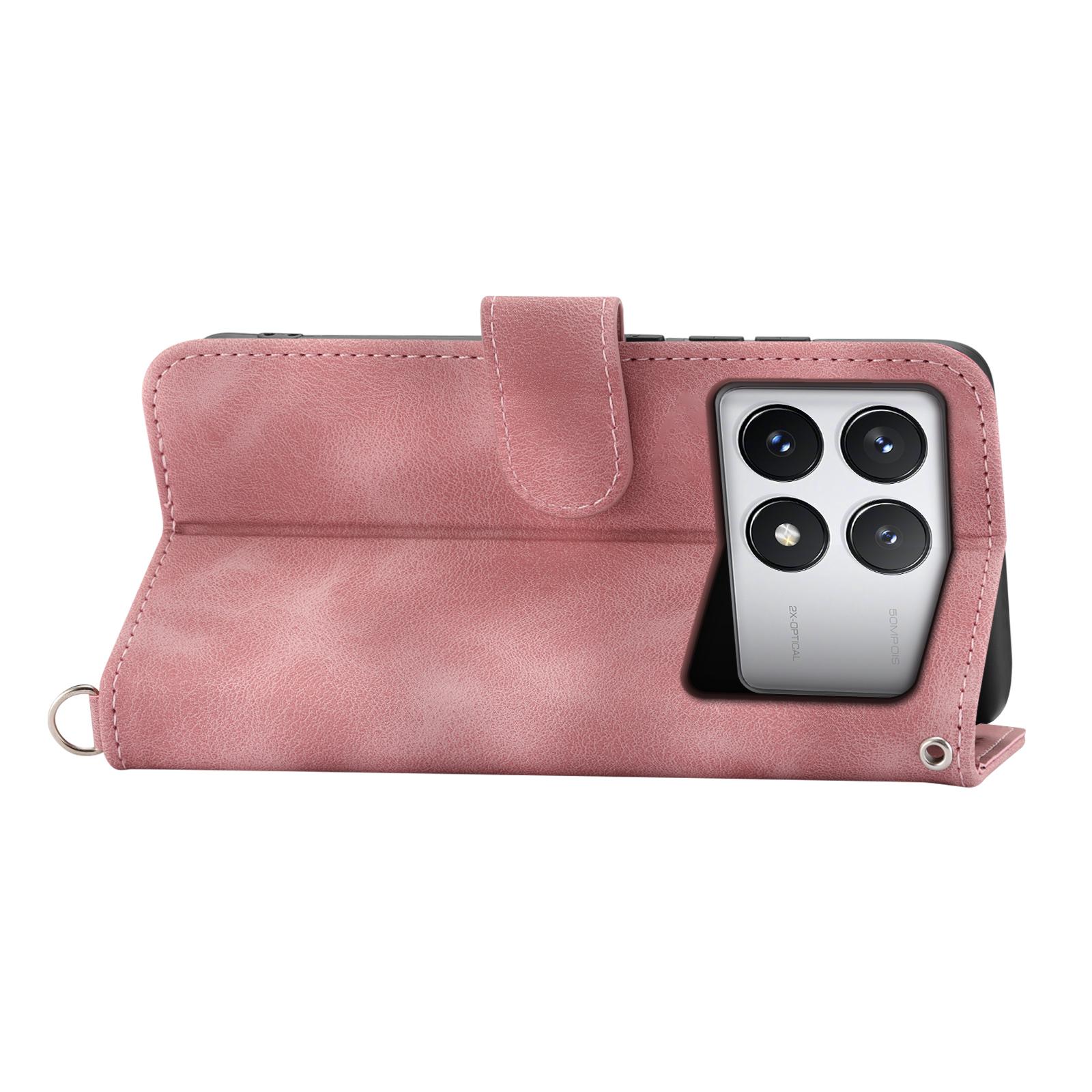

For Xiaomi Redmi K70E 5G/Xiaomi Poco X6 Pro 5G Crossbody Leather Cover Flower Pattern Wallet Case with 2 Straps Pink