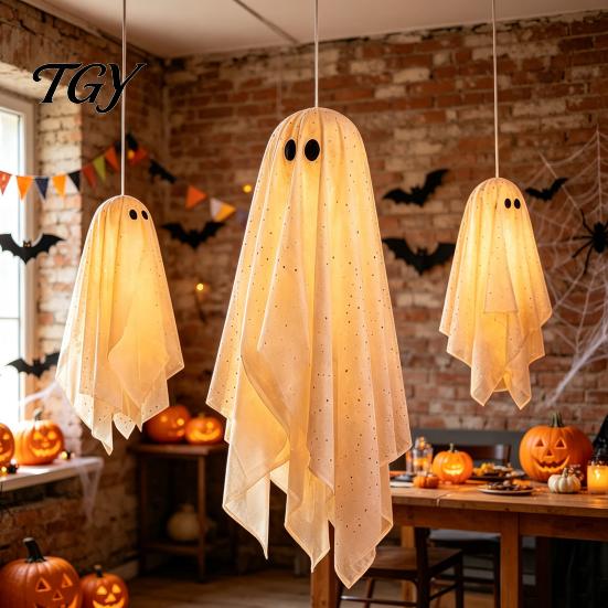 Beleuchtetes Geister-Set für Bäume 3 Stück Halloween Beleuchtete Hängende Dekorationen, Leuchtende Warme LED Schwebende Geister, Schwingende Ornamente Außen Display Baum