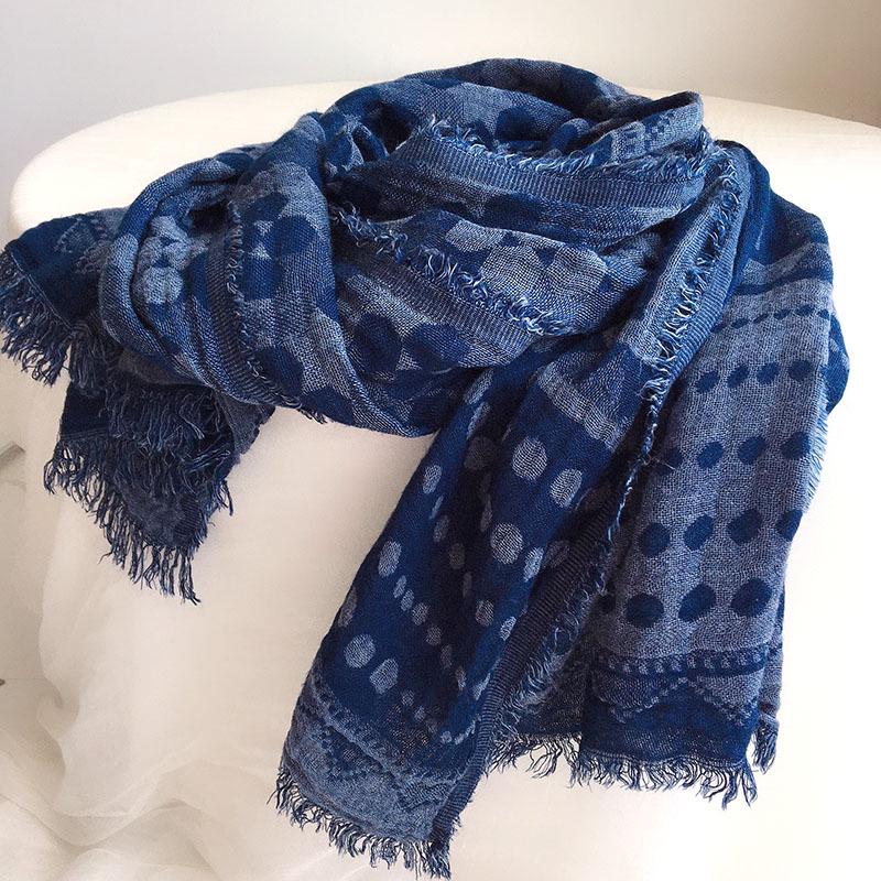 2023 New Women's Japanese Batik Navy Blue Polka Dot & Star Double-Layer Jacquard Scarf Shawl