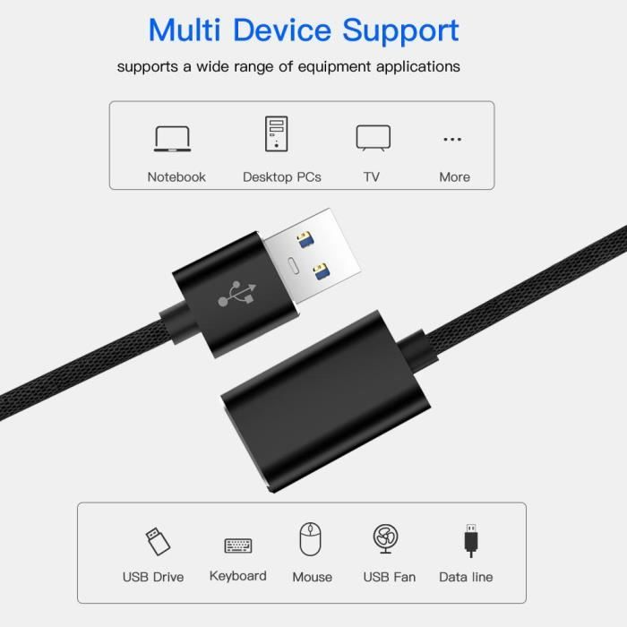 USB 3.0 Cable - PHONILLICO - 2m Extension - Black - Compatible USB Flash Drive, Controller, Hard Drive