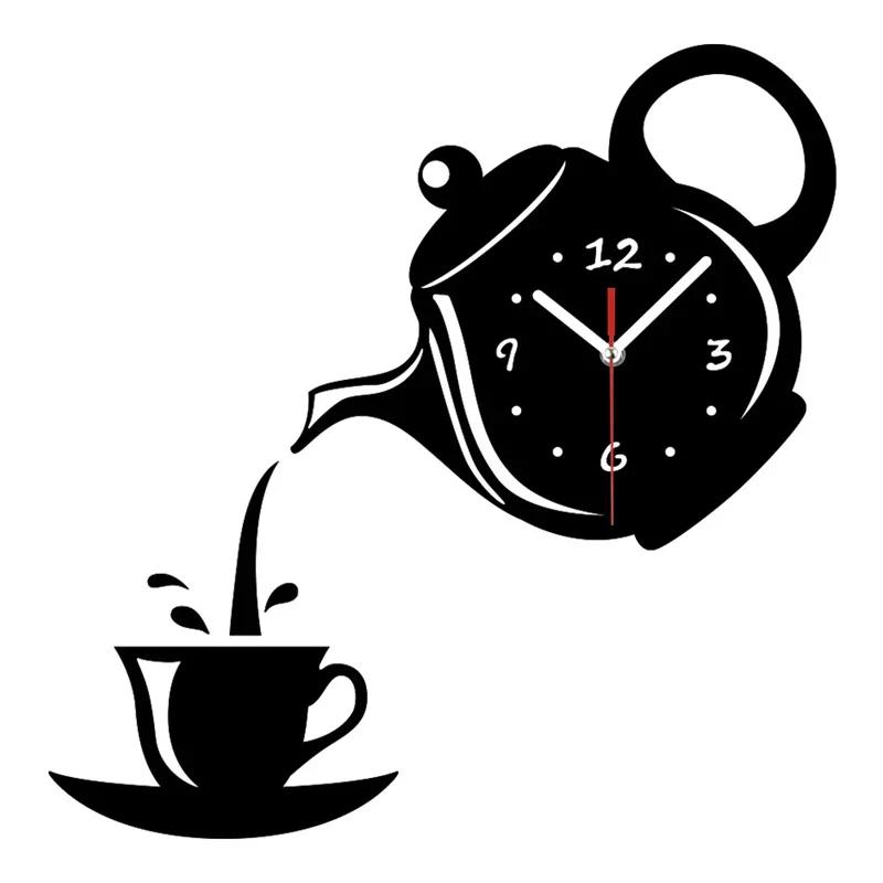 3D Coffee Cup Teapot Self Adhesive Acrylic Mirror Clock Wall Stickers for Home Living Room Decor Wall Clock Wall Sticker Clock