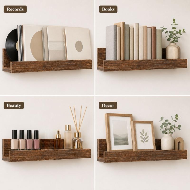 Record Collection Wall Display, 6pcs Separate Shelves with Ready Mounting Holes, Open-Front Access, and Installation Hardware