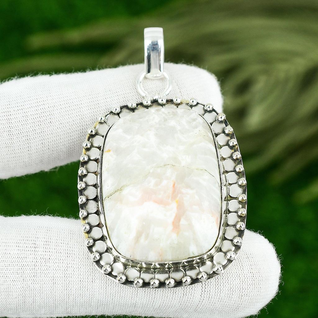 Natürlicher Skolezit Edelstein Anhänger Handgefertigt 925 Sterling Silber Indischer Schmuck
