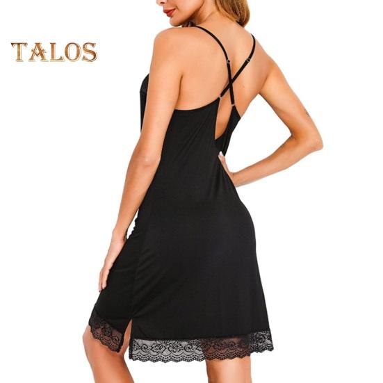 Damen Nachthemd mit Spitze, Spaghettiträger, V-Ausschnitt, Chemise, Nachtwäsche, Ganzunterkleid, Babydoll, Schlafkleid, Sommer, weiche Nachtwäsche