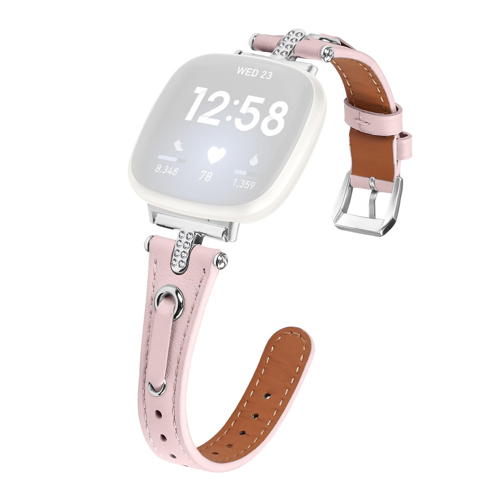 

For Fitbit Versa 4/Sense 2 Genuine Cow Leather Strap Rhinestone Watch Wrist Band (Silver Buckle) Pink