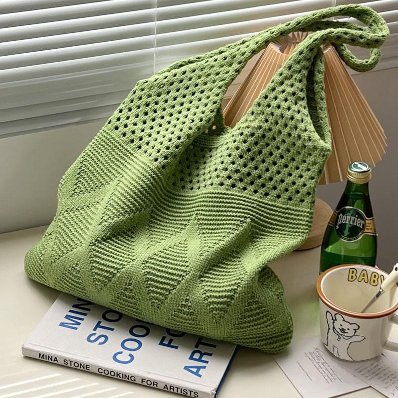 Korean Style Wool Knit Shoulder Bag - Solid Color, Versatile, Literary, and Simple Aesthetic.