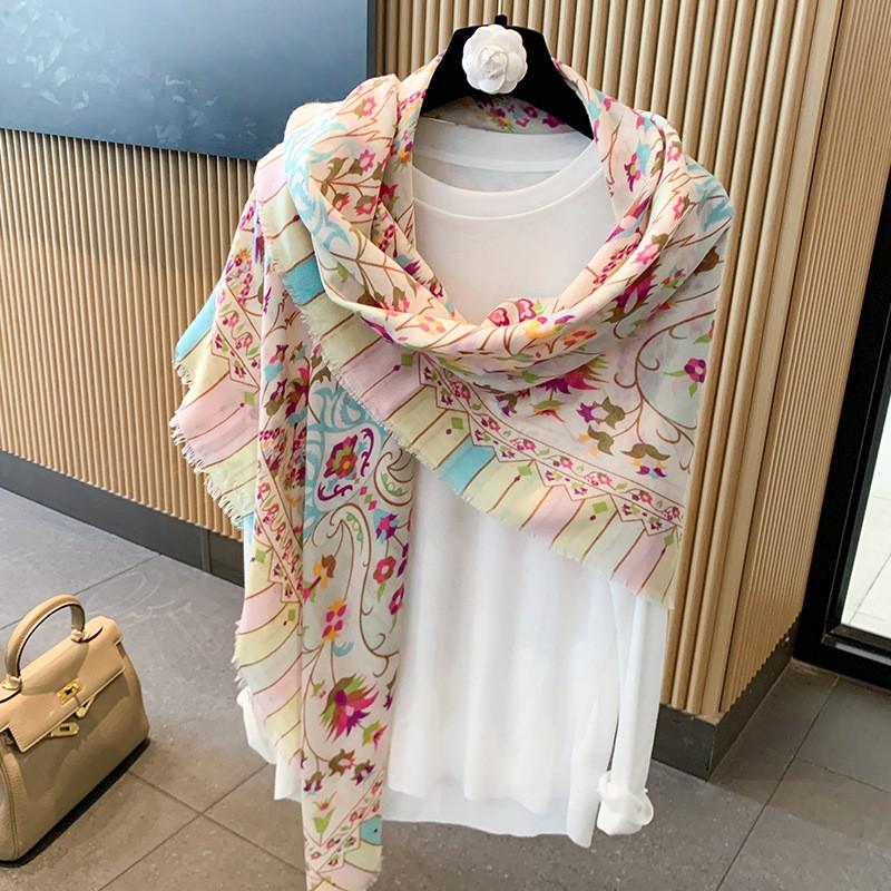 Floral Scarf Women Lightweight Cotton Linen Square Shawl Neck Wrap UV Protection