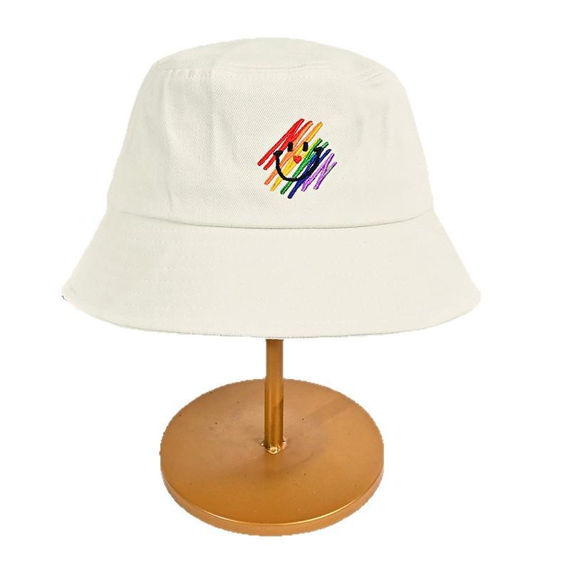Autumn and Winter Rainbow Embroidered Fisherman Hat Cartoon Smiling Face Hat Women Casual Versatile Basin Hat Showing Face Small Bucket Hat