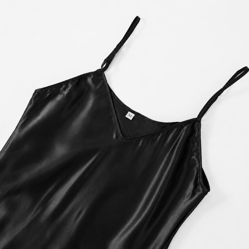 Women Satin Nightdress Sleeveless V Neck Spaghetti Strap Mini Sleep Dress For Home Summer Lounge Wear With Shiny Solid Color And Adjustable Straps