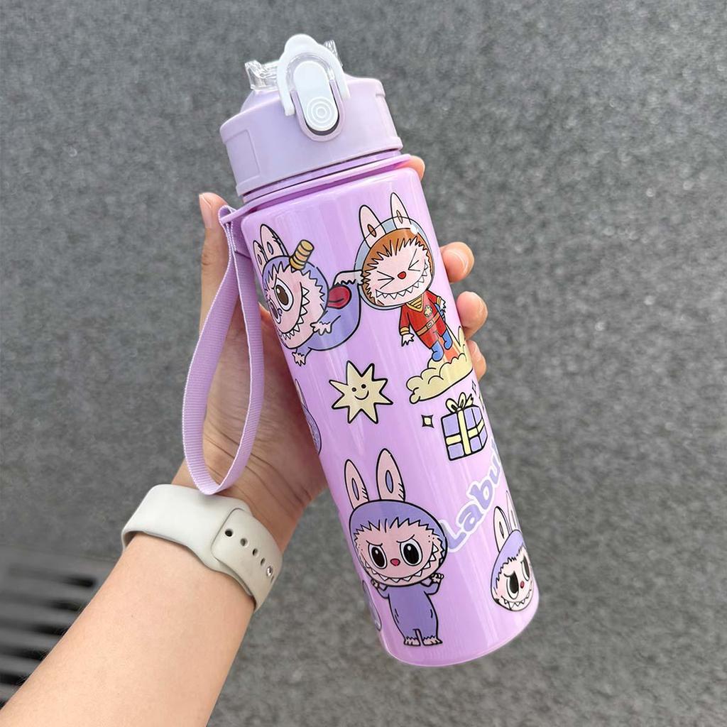 Labubu Cartoon Straw Water Cup for Kids with Lanyard