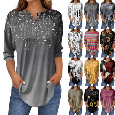3/4 Sleeve Shirts For Women's Fashion Casual Round Neck Printed T-Shirt Top
