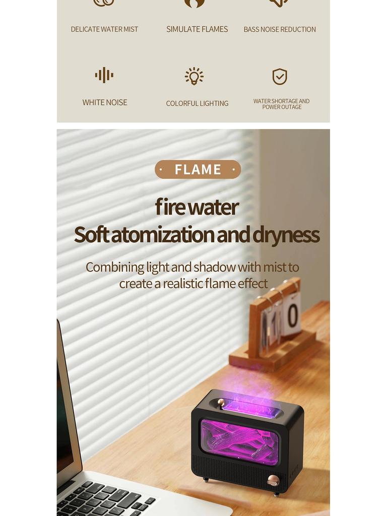Bluetooth Flame Aroma Diffuser Humidifier - Colorful Spray, Large Desktop Fireplace Design