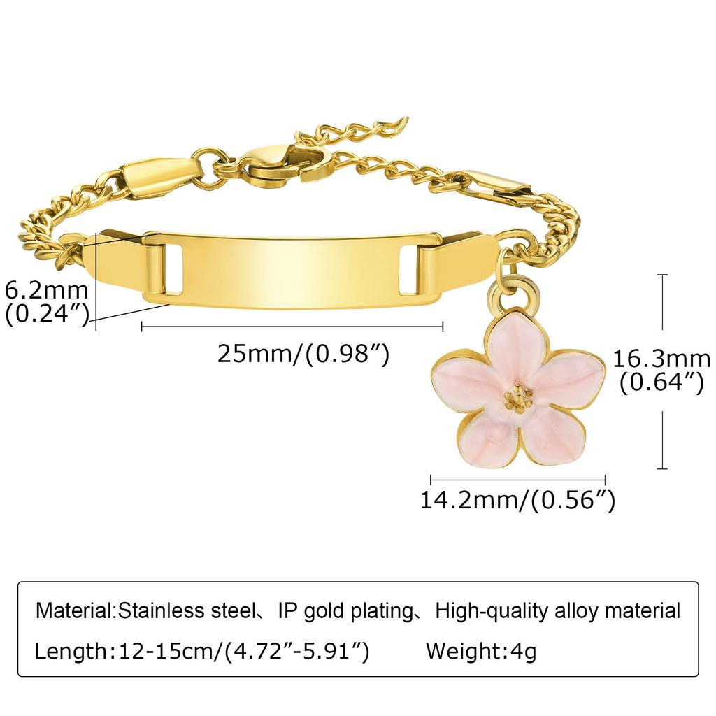 Personalized Engrave Name ID Bracelet for Kid Baby, Stainless Steel Flower Charm Bracelet, Waterproof Custom Jewelry for Girl