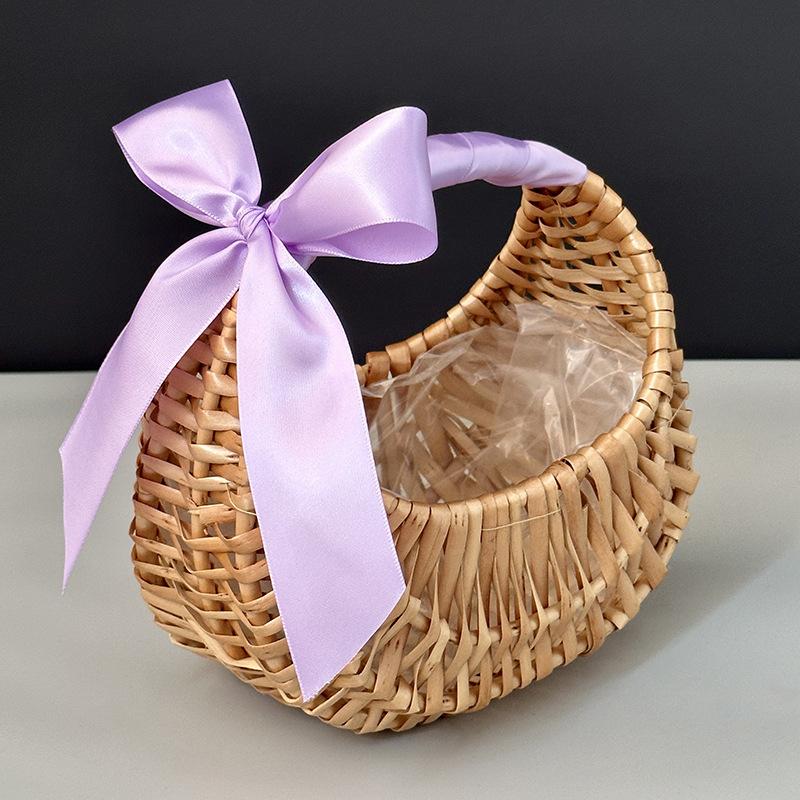 Bohemian Wicker Flower Basket with Handle & Waterproof Lining, Compact Lightweight Multifunctional Basket for Wedding Home Decor