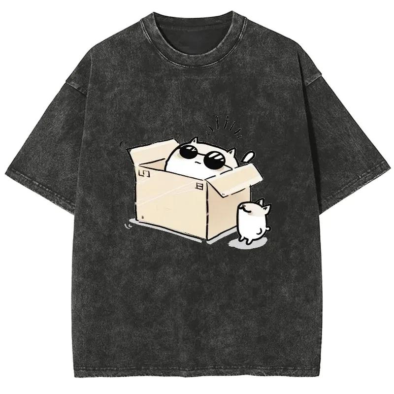 Summer Fashionable Cartoon Style Box Cat Short-sleeved Men's and Women's Washed Retro Hip-hop Casual Retro T-shirt
