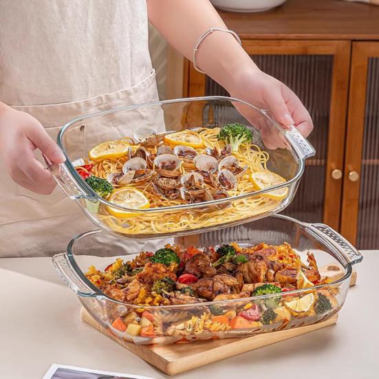 Žáruvzdorná skleněná zapékací mísa s uchy Průhledná obdélníková forma na dort do trouby, mikrovlnky, lednice Víceúčelová zapékací mísa na lasagne, ryby