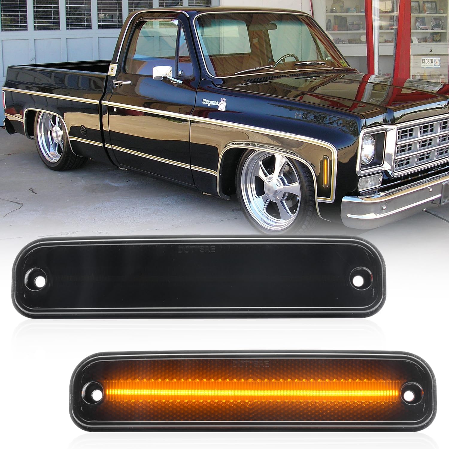 

LED Side Marker Lights for 1973-1980 GMC Chevy C/K Series Pickup Trucks, K5 Blazer, Suburban - Amber Front Bumper Side Marker Repeater Lamp Kit LH RH