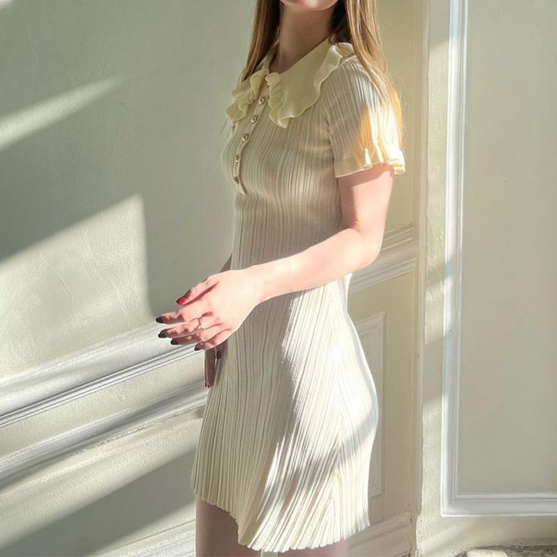 Women's Knitted Dress Summer High Waist Short Sleeve Ruffle Neck Bodycon Dresses Femme Slim Vacation Clothes French Vintage Elegant Evening Dress