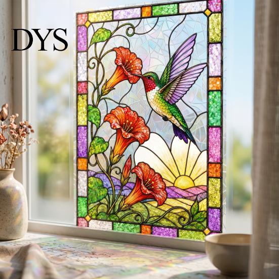 Wiederverwendbare Kolibri-Fensteraufkleber Buntglas Statische Aufkleber, Blumenaufkleber, Abnehmbare Festliche Dekoration PVC-Aufkleber für Haus Tür Wintergarten Sichtschutz